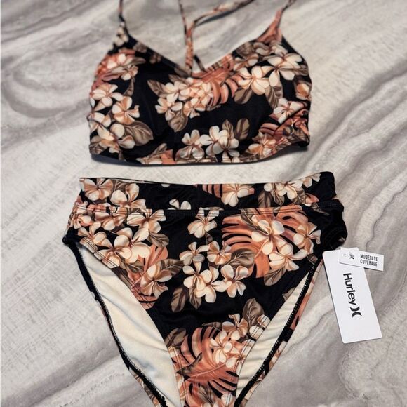 Hurley Women's Tropical Floral Bikini - Black and Tan - Picture 1 of 7